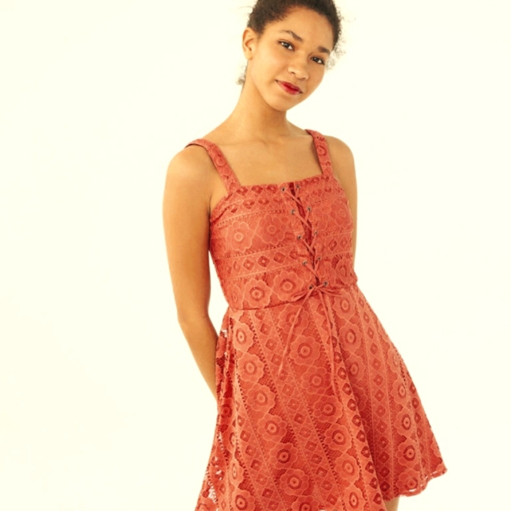 Aeropostale Knit Lace Overlay Fit and Flare Corset Dress Women's Sz Lg